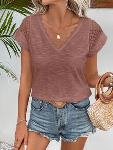 SHEIN Frenchy 女士V领短袖蕾丝边休闲宽松夏季短袖T恤