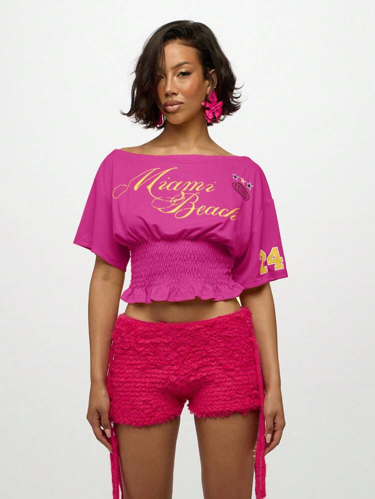 SUMWON WOMEN Off Shoulder Smocked Waist Crop Tee With Ruffled Hem