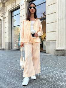 Striped Drop Shoulder Long Sleeve Blouse And Wide Leg Pants Set, Casual Spring Summer Two Pieces Outfit - Yellow - View 3