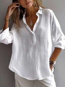 Linhara Plus Size Women Casual Solid Color Button Half-Placket Loose Blouse