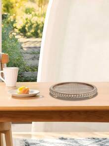 SHEIN 1PC Decor 12in Round Tray For Home Decor- Brown Wood Beaded Tray- Decorative Round Tray For Living Room Decor Coffee Table Decor Kitchen Table Decor Or Farmhouse Serving Tray