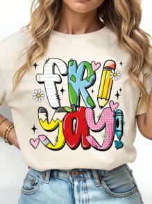 EMERY ROSE Plus Size T-Shirt, School Uniform Back To School, Plus Size T-Shirt Streetwear Top, Streetwear Style, All White, Graphic Short Sleeve T-Shirt, Cute Summer Top - Apricot - View 1