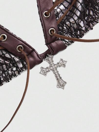 Hippie Ensemble de bikini sexy à lacets et fausse fourrure pour femmes style Y2K