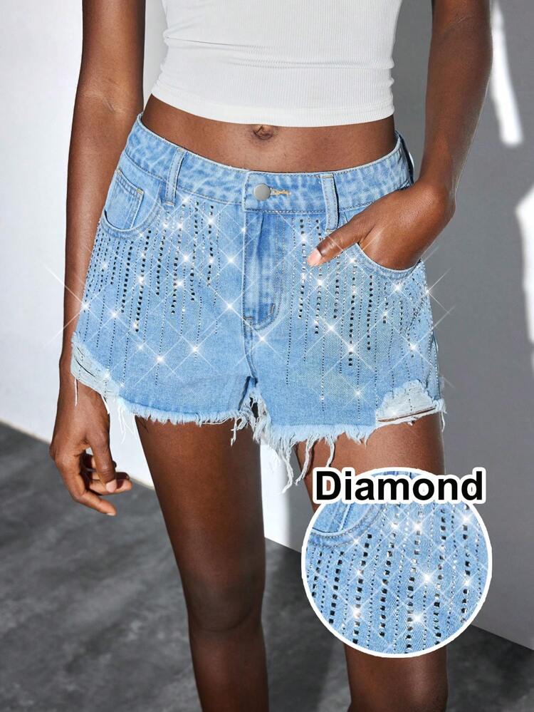 SHEIN Maija Women's Light Blue Denim Shorts Low Waist Ripped Shorts Diamond Decoration Y2K Music Festival New Autumn Shorts 2000s Style