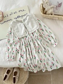 SHEIN Girls Tulip Print Dress, Countryside Style, Elegant & Fashionable, Versatile, Sweet, Long Sleeve, Suitable For Spring & Autumn Transition Season - Multicolor - View 5