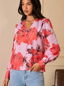 Lilora 女士花卉印花V领泡泡袖时尚通勤衬衫 - 彩色 - 查看 5