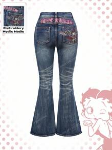 Betty Boop | ROMWE Y2K 机车风水钻翅膀卡通图案做旧喇叭低腰牛仔裤
