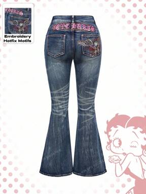 Betty Boop | ROMWE Y2K Biker Chic Rhinestone Wing Cartoon Figure Graphic Distressed Flare Leg Denim Jeans