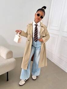 SHEIN Chaqueta larga holgada de doble botonadura con solapa de estilo casual caqui tejido para niña preadolescente, estilo militar casual, adecuada para ir al trabajo y uso al aire libre - Caqui - Ver 3