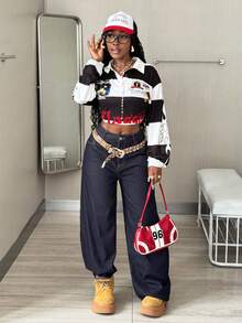 Coolane Women's Fall/Winter Going Out Streetwear Y2K Striped Graphics Sport Loose Long Sleeve Polo T-Shirt,Fall Tops