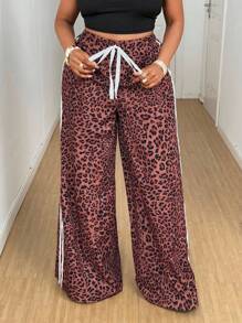 Maweii 大码女式休闲豹纹撞色饰边抽绳腰蝴蝶结直筒裤，时尚设计，百搭，2025 年新款 - 彩色 - 查看 5