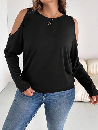 SHEIN Essnce Plus Size Women's Spring And Autumn Fashion Casual Loose Comfortable Daily Basic Slim Black Long-Sleeved Off-Shoulder T-Shirt,Fall Clothes,Going Out Tops,Curve Tops,Simple Style