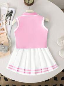 Genkimix Kids 2pcs/Set Girls Heart Print Polo Collar Sleeveless Top And Pleated Skirt With Ribbon Trim, School Style For Summer & Back To School