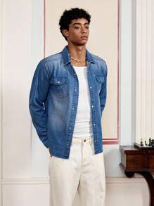 SWAVVY Men's Simple Long Sleeve Casual Denim Jacket, Fall, Plain, Flap Pocket Detail, Grunge, Urban, Work - Blue - View 3
