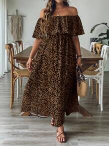 SHEIN VCAY Plus Size Brown Leopard Print Off Shoulder Loose A-Line Dress, Casual Holiday Beach Dress Chic Dress - Multicolor - View 4