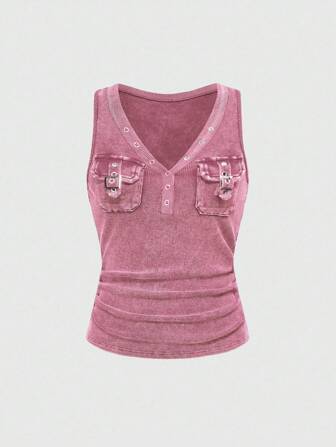 Grunge Punk Top corto sin mangas con cuello redondo, lavado vintage y desgastado, con bolsillos, de punto acanalado, con cintura ajustada y fruncida, en color negro y gris