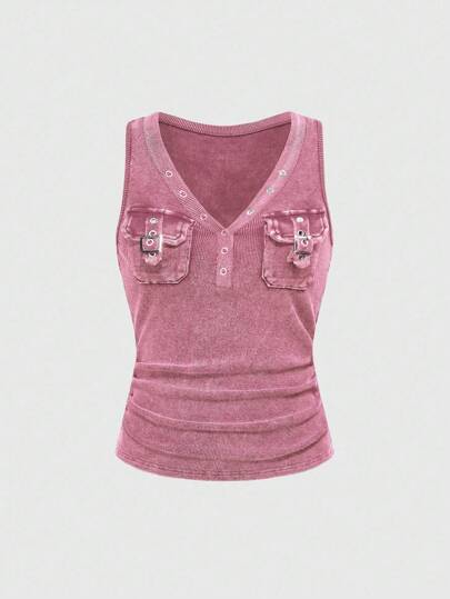 Grunge Punk Vintage Washed Distressed Crew Neck Sleeveless Crop Top With Pockets, Ribbed Knit, Bodycon Waist Ruched, Black & Grey