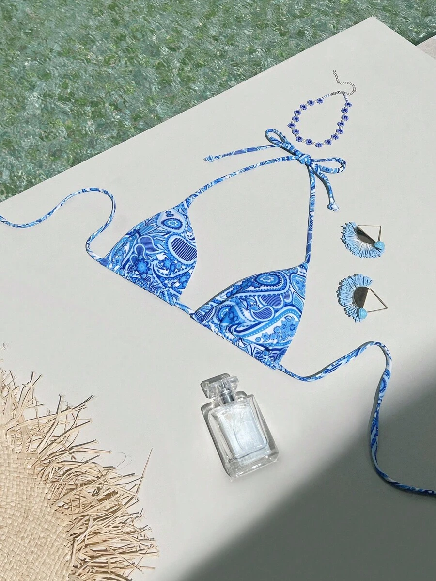 SHEIN Swim Summer Beach Paisley Print Halter Triangle Bikini Top - Blue and White - View 1