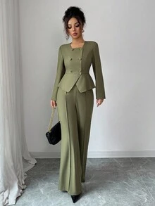 Elenzga Women's Elegant Long Sleeve Blouse And Pants, Romantic Slim Fit Business Suit Fall Cloth For Women - Army Green - View 4