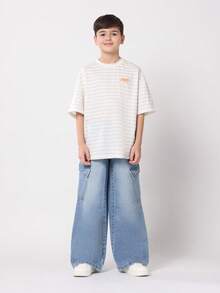 SUMWON 宽腿工装牛仔裤宽松裤休闲溜冰风格街头潮流休闲秋冬宽松青年日常外套舒适时尚 - 藍色 - 查看 3