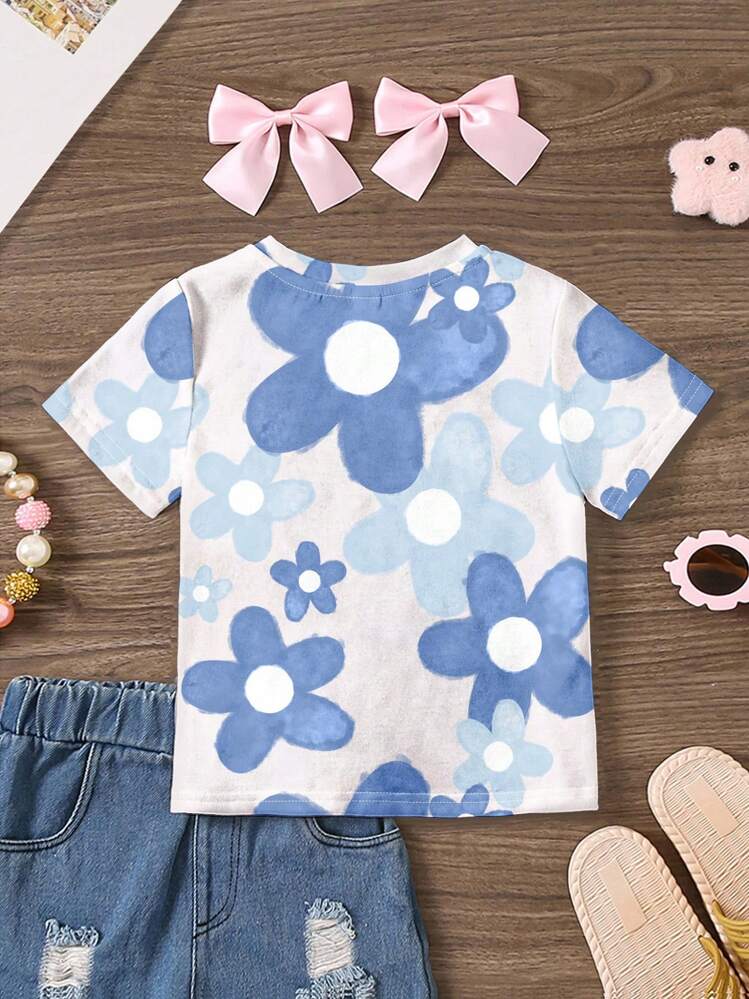 SHEIN 少女可爱卡通图案休闲简约圆领短袖T恤，适合夏季、度假、阳光之旅、春日休闲、夏季出游、家庭时光，可爱Y2K椰子波西米亚风春假早午餐必备浅蓝色旅行，霓虹海滩风情，波西米亚嬉皮音乐节 - 彩色 - 查看 3