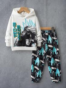 GODZILLAxKONG X SHEIN Bộ 2 chiếc/Bộ áo hoodie dài tay in chữ Monster cho bé trai và quần nỉ dáng rộng - Đen và trắng - Xem 1