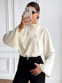 SHEIN Frenchy بلوزة أنيقة للسيدات ذات ياقة عالية وأكمام واسعة، لون أحادي، مناسبة للارتداء اليومي، للعودة إلى المدرسة، حفلات الريف، الملابس الرسمية الكاجوال للسيدات، للمعلمات، لليلة المواعدة، الغداء، الملابس الغربية للسيدات، بلوزة رسمية كاجوال - لون مشمشي - مشاهدة 3