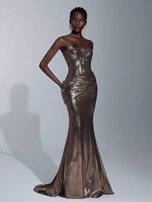 Elitara 优雅金属弹力面料手工金属花朵装饰紧身胸衣，带骨，荷叶边美人鱼长裙，带拖尾，女士正式晚礼服 - 金色 - 查看 8