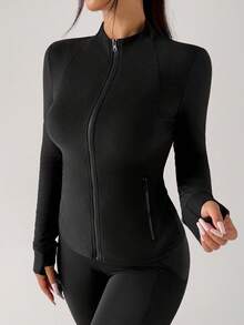 DAZY Áo khoác thể thao màu trơn ôm sát có khóa kéo dành cho nữ - màu đen - Xem 5