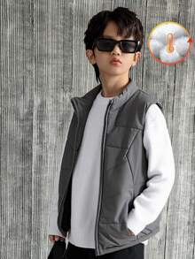 SHEIN Tween Boys' Casual Everyday Versatile Comfortable Padded Sleeveless Zip-Up Vest Jacket,In Fall/Winter - Grey - View 1