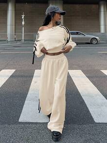 Muchica 杏色针织休闲运动斜肩卫衣女套装 - 杏色 - 查看 5