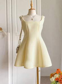 INAWLY Abito elegante semplice senza maniche con scollo quadrato, taglia comoda, in colore unito per donne curvy