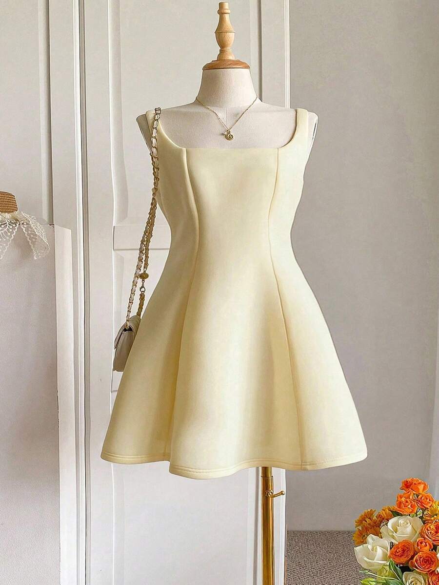 INAWLY Abito elegante semplice senza maniche con scollo quadrato, taglia comoda, in colore unito per donne curvy