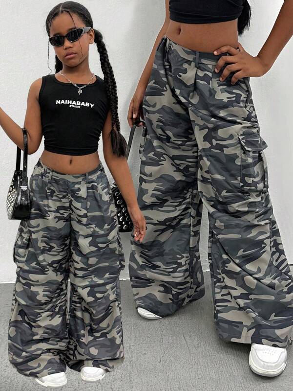 Tween Girls' Camouflage Cargo Wide Leg Pants, Loose Street Style Fashion Trousers Suitable For Dance, Sports, Outdoor