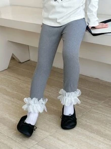 Blossori Young Girls' French Elegant Lace Trim Leggings Grey Leggings For Teen Girl Tween Lace Leggings Gray Leggings Girls Grey Leggings Leggings With Lace Trim - Multicolor - View 1