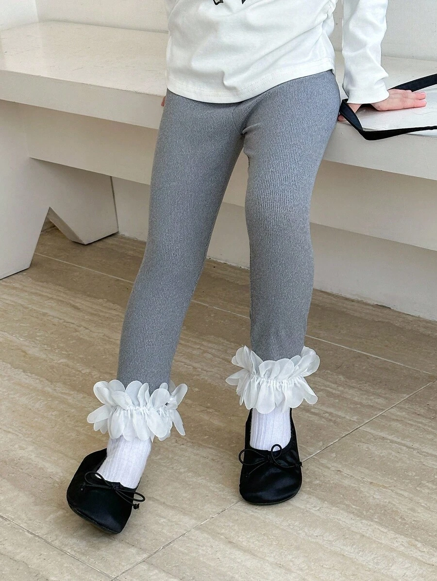 Blossori Young Girls' French Elegant Lace Trim Leggings Grey Leggings For Teen Girl Tween Lace Leggings Gray Leggings Girls Grey Leggings Leggings With Lace Trim - Multicolor - View 1