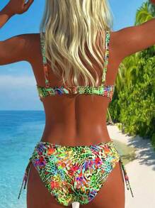 Swim Vcay Tropical Floral Print Spaghetti Strap Ruched Bust Bandeau Bikini Swimsuit Set, For Summer Vacation - Multicolor - View 2