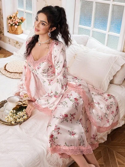 Elorette CottageSlumber Romantic Floral Print Lace Trim Camisole Sleep Dress And Belted Robe Satin Pajama Set Night Gown Women Set Floral Robe Set Lingerie Robe Set 2 Piece Nightgown Set, Fall Winter Clothes Cozy And Elegant Details