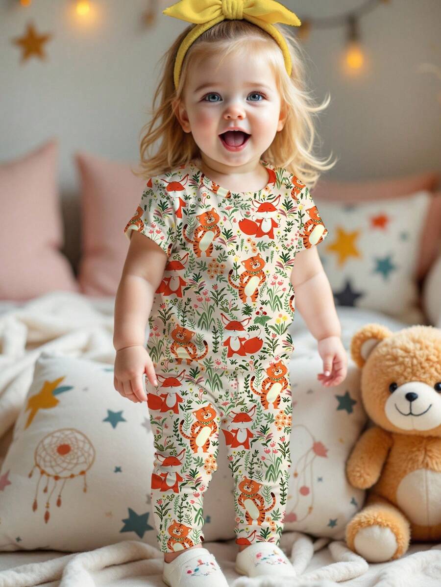 SHEIN Happikins Cute Cartoon Animal, Plant, Floral Print Beige Baby Girl Casual Minimalist Snug Fit Round Neck Short Sleeve Pants Pajamas, Suitable For Summer - Multicolor - View 1