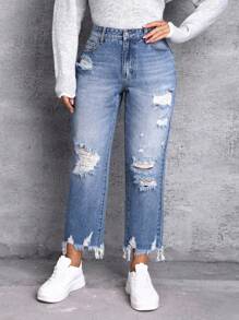SHEIN Essnce Plus Size Women's Loose Distressed Raw Hem Cone Shape Pockets Casual Denim Jeans