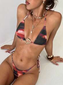 Aloruh Zestaw Bikini dla Kobiet, Seksowny i Elegancki Vintage Tie-Dye Red Mini Triangle Cup Halter Neck Bikini Top Z Mini Wiązanymi Bokami Majtkami, Dwuczęściowy Zestaw Strojów Kąpielowych Na Letnie Wakacje - Wielokolorowe - Zobacz 3