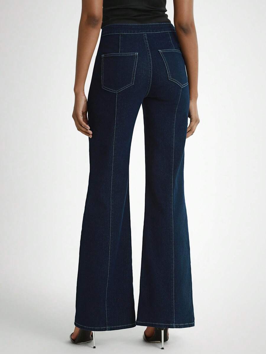 Daynim Damen einfarbige Lässig Schlagjeans, Weite Beine, Schlagjeans, Damen Jeans, Bootcut Jeans, Hoher Bund Jeans - Dunkle Waschung - Übersicht 1