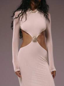 MUSERA 长袖高领露腰收腰修身连衣裙，适合秋冬季、夏季度假、夜晚外出、约会、婚礼宾客、生日派对、俱乐部、性感早午餐、外出游轮派对、优雅伊比沙岛等场合，少女可爱，适合新娘、单身派对、告别单身派对、婚礼等场合。 - 杏色 - 查看 2