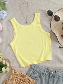 INAWLY Camiseta de tirantes ajustada de cuello redondo para mujer con patrón bordado de limón - Amarillo - Ver 2