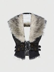 ROMWE Hippie Chaqueta vaquera para mujer de talla grande con cuello desmontable de piel sintética estilo Y2K, que también se puede usar como top ajustado