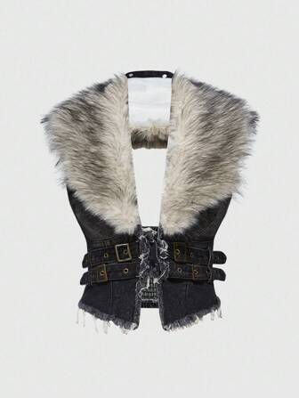 Hippie Y2K Detachable Faux Fur Collar Denim Jacket For Women