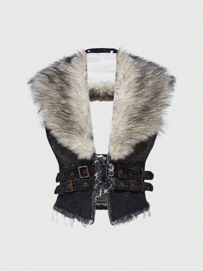 Hippie Chaqueta vaquera para mujer de talla grande con cuello desmontable de piel sintética estilo Y2K, que también se puede usar como top ajustado