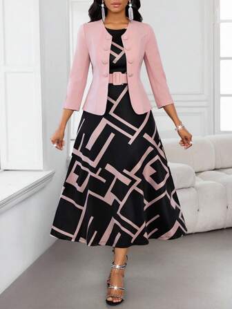 SHEIN Lady Women's Elegant Commuter Solid Color Jacket & Geometric Print Sleeveless Dress 2 Pieces Set Business Casual Women Two Piece Outfits Skirt Suits For Women Blazer Skirt Set