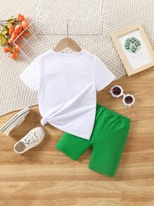 SHEIN Bộ 2 áo thun tay ngắn cổ tròn in chữ thường ngày và quần short đạp xe cho bé gái - Nhiều màu - Xem 2