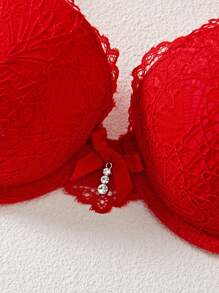 1pc Thick Cup Lace Supportive Underwire Bra For Women - Red - View 7